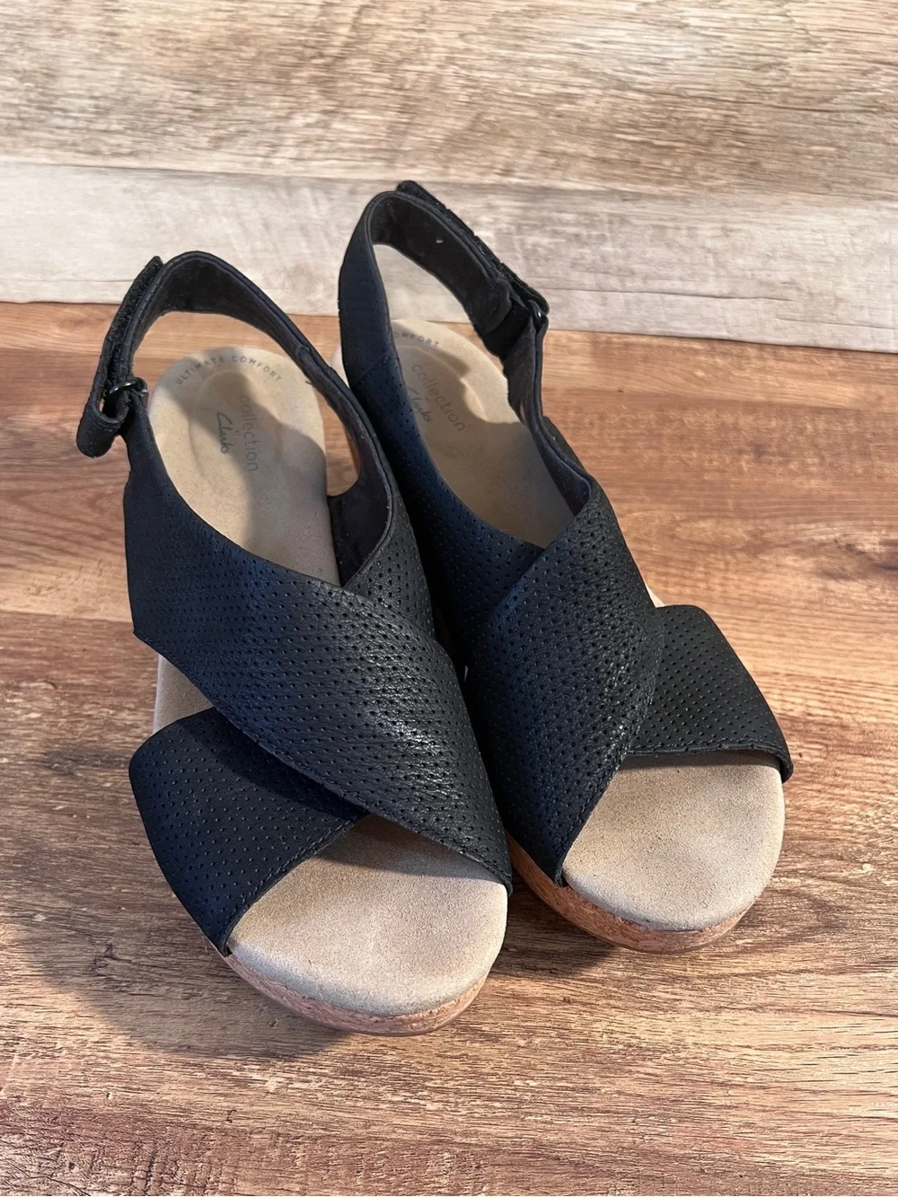 Black Cork Wedge‎ Sandals with Cross-Strap Design